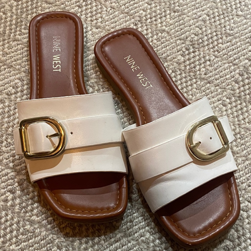 Nine West White Buckle Slide Sandals